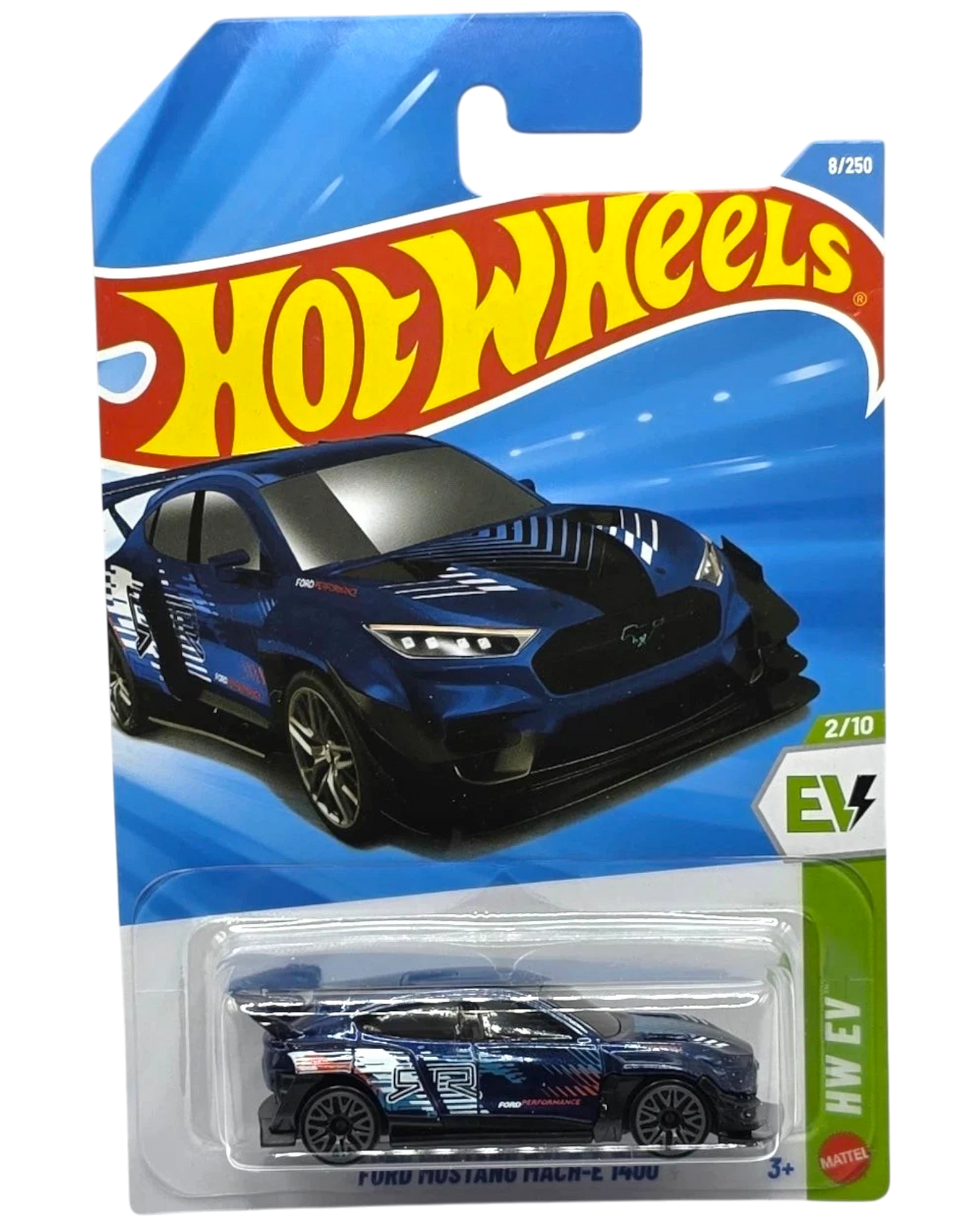 More Than Diecast 2026 Hot Wheels Ford Mustang Mach-E 1400 EV toy car, dark blue with black accents and racing decals.