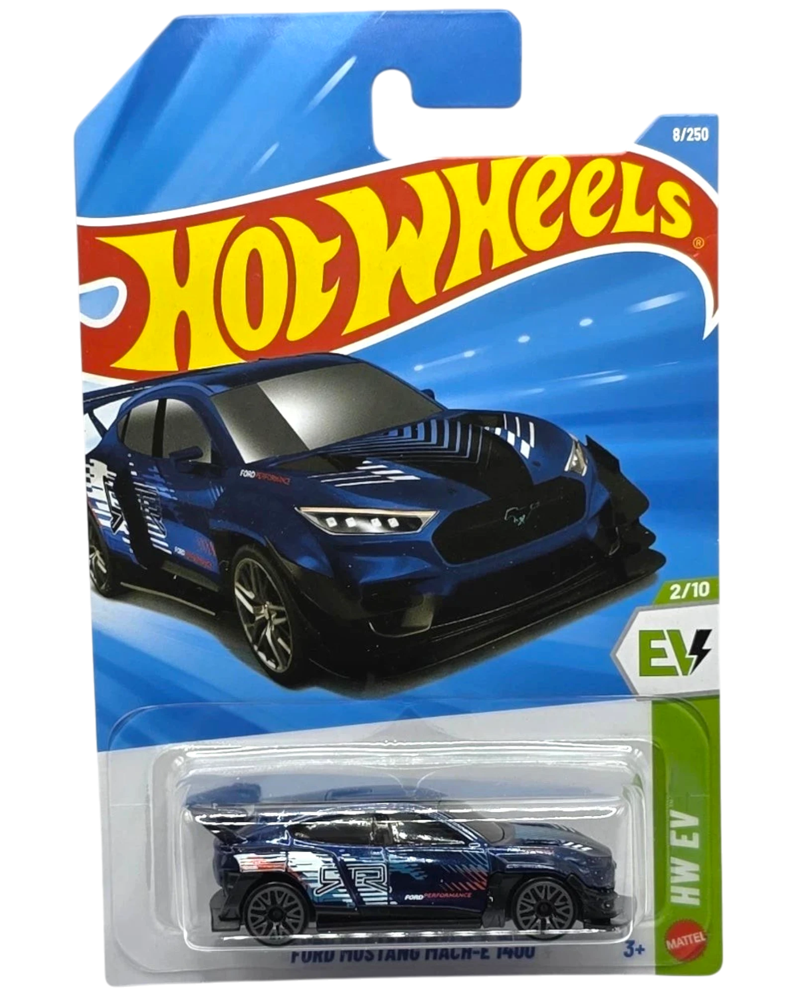More Than Diecast 2026 Hot Wheels Ford Mustang Mach-E 1400 EV toy car, dark blue with black accents and racing decals.