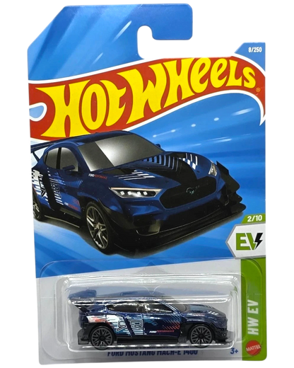 More Than Diecast 2026 Hot Wheels Ford Mustang Mach-E 1400 EV toy car, dark blue with black accents and racing decals.