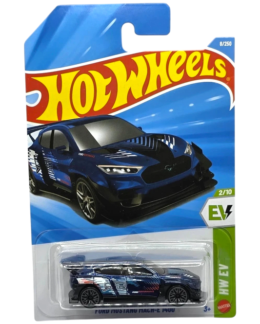More Than Diecast 2026 Hot Wheels Ford Mustang Mach-E 1400 EV toy car, dark blue with black accents and racing decals.