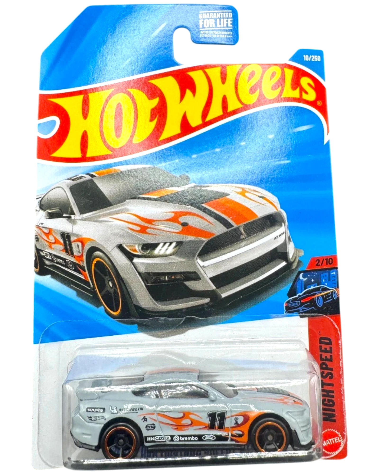 More Than Diecast Hot Wheels 2020 Ford Mustang Shelby GT500 toy car, silver with orange flame graphics and racing numbers.