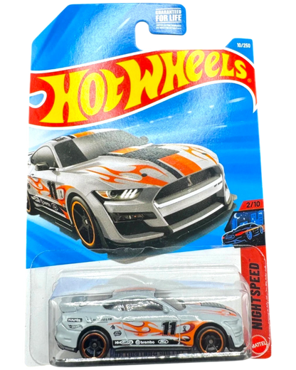 More Than Diecast Hot Wheels 2020 Ford Mustang Shelby GT500 toy car, silver with orange flame graphics and racing numbers.