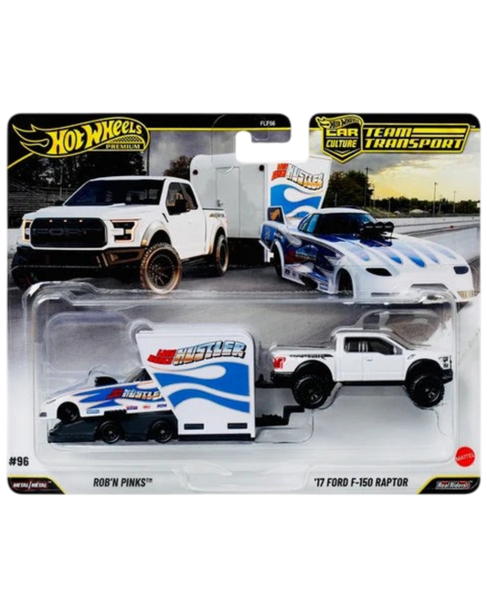 More Than Diecast Hot Wheels Team Transport set #96 featuring a white Ford F-150 Raptor and Rob'N Pinks race car
