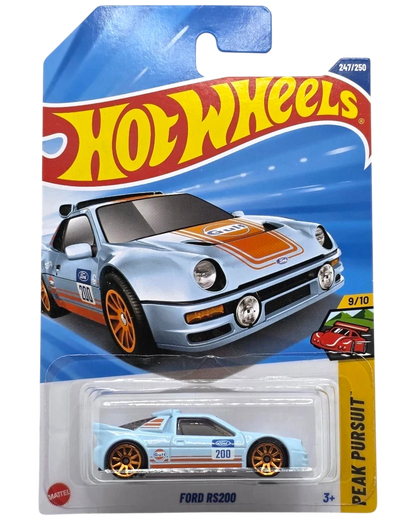 More Than Diecast Hot Wheels Ford RS200 in blue and orange Gulf Oil livery, 1:64 scale rally car on blister card
