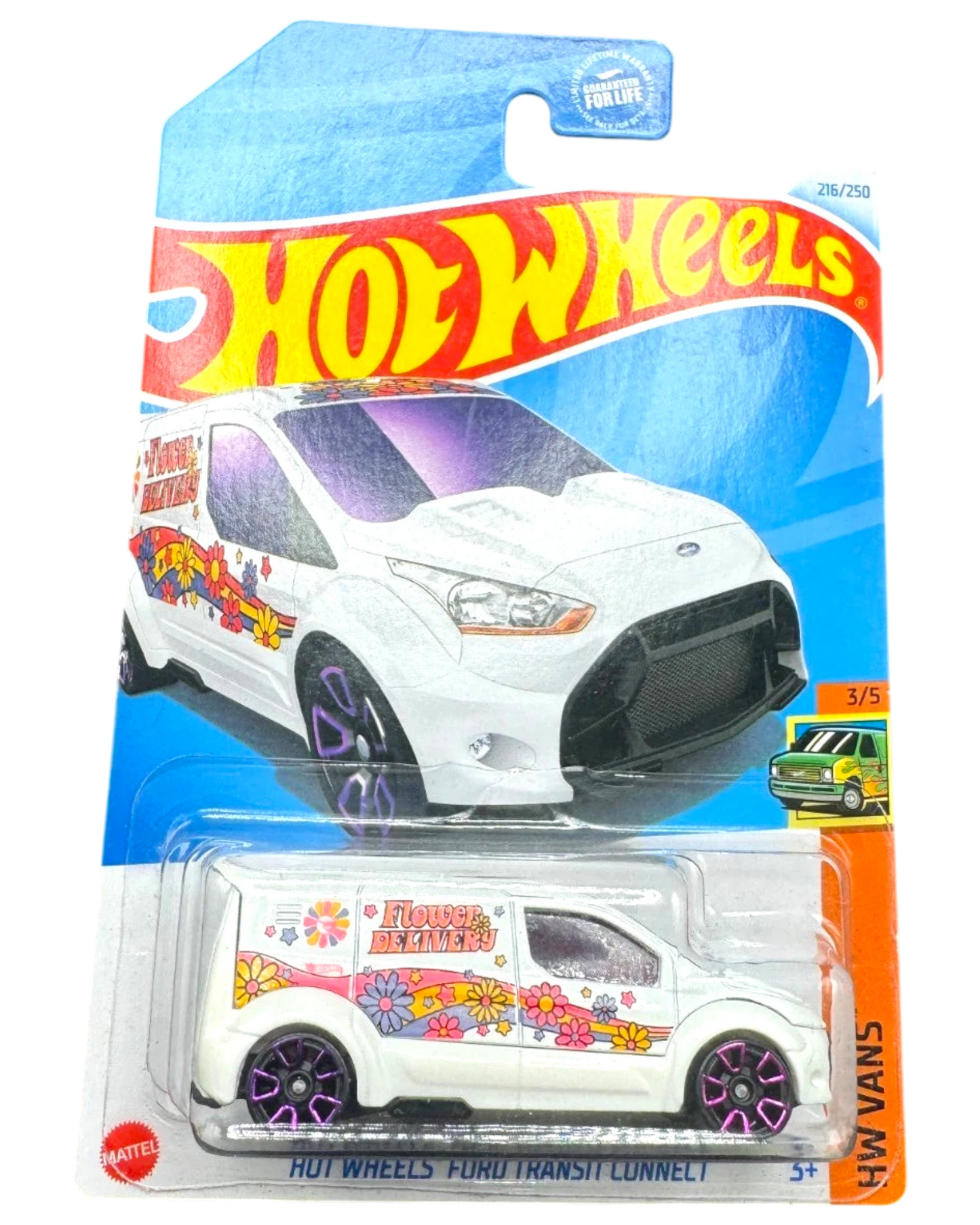 More Than Diecast Hot Wheels Ford Transit Connect white Treasure Hunt van with flower delivery graphics on blister card