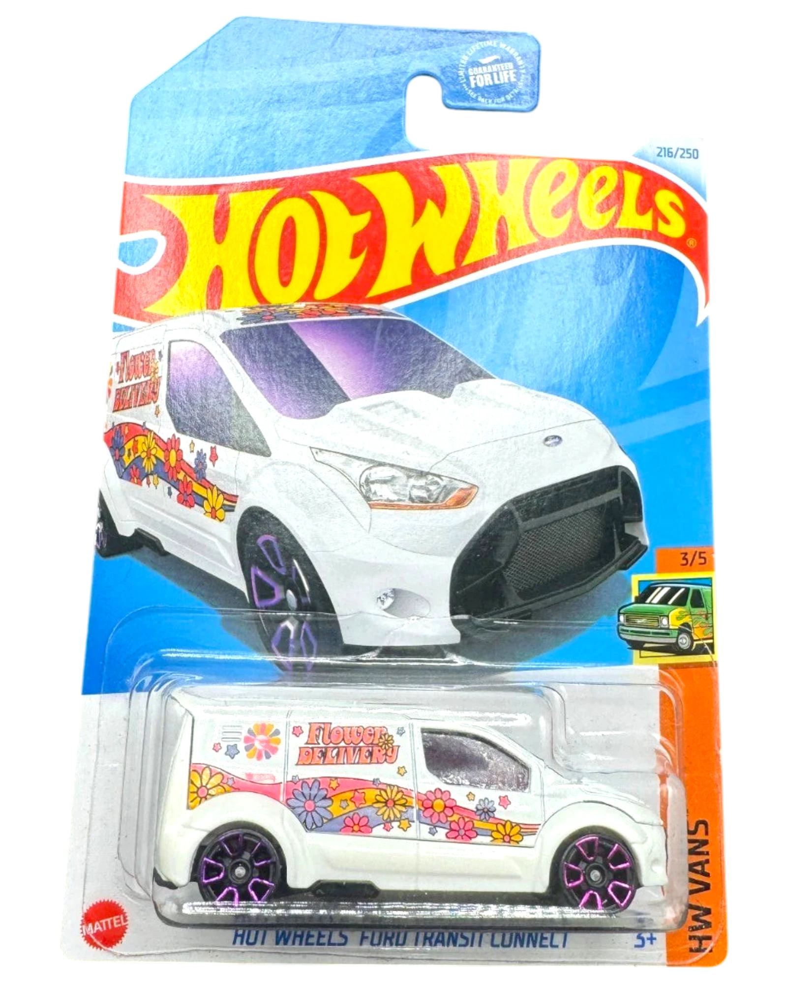 More Than Diecast Hot Wheels Ford Transit Connect white Treasure Hunt van with flower delivery graphics on blister card