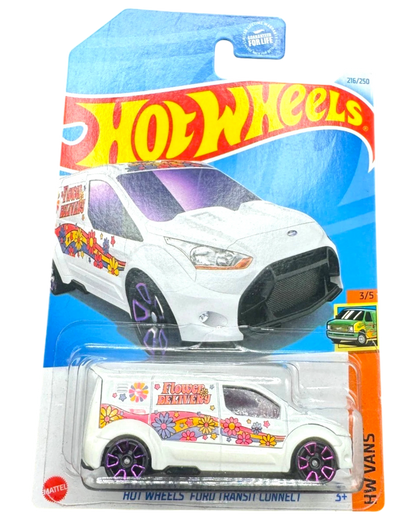 More Than Diecast Hot Wheels Ford Transit Connect white Treasure Hunt van with flower delivery graphics on blister card