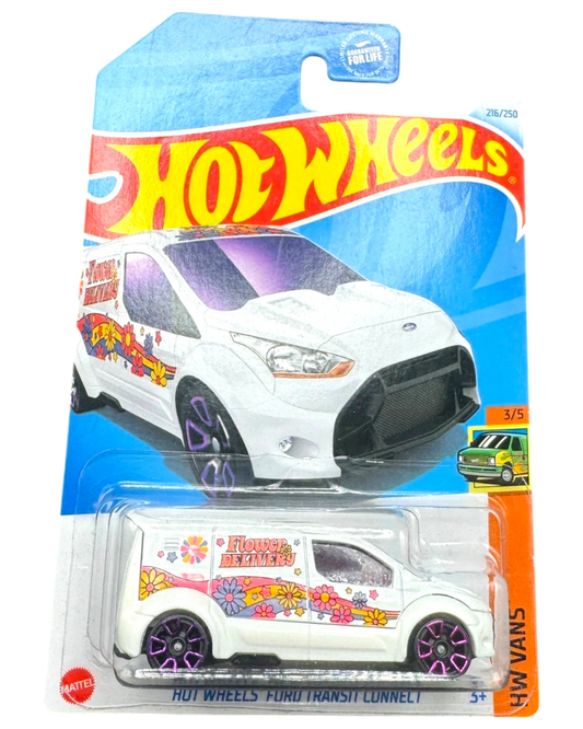 More Than Diecast Hot Wheels Ford Transit Connect white Treasure Hunt van with flower delivery graphics on blister card