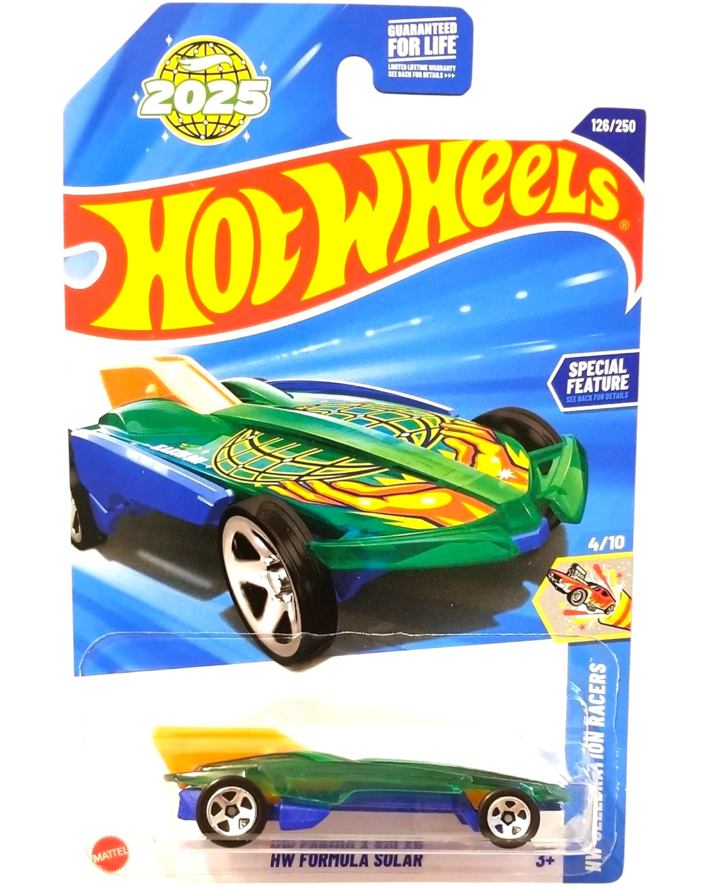 More Than Diecast Hot Wheels HW Formula Solar toy car, green and blue with orange spoiler and yellow accents.