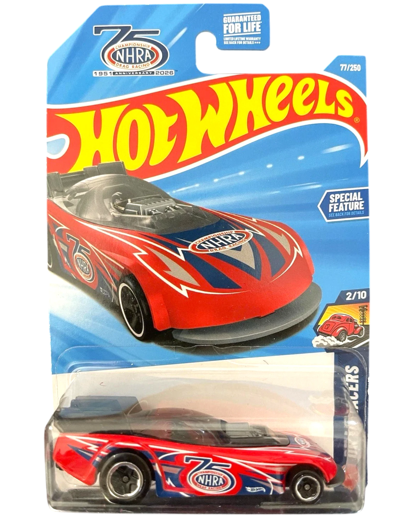 More Than Diecast Hot Wheels 75th NHRA Anniversary Supercharged Funny Car, red with blue and white graphics, on display card.