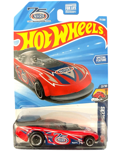 More Than Diecast Hot Wheels 75th NHRA Anniversary Supercharged Funny Car, red with blue and white graphics, on display card.