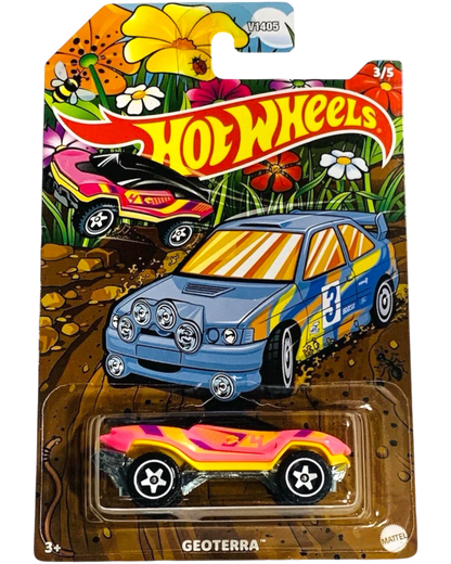 More Than Diecast Hot Wheels 2026 Spring Series Geoterra 3/5 pink and yellow toy car with black accents.