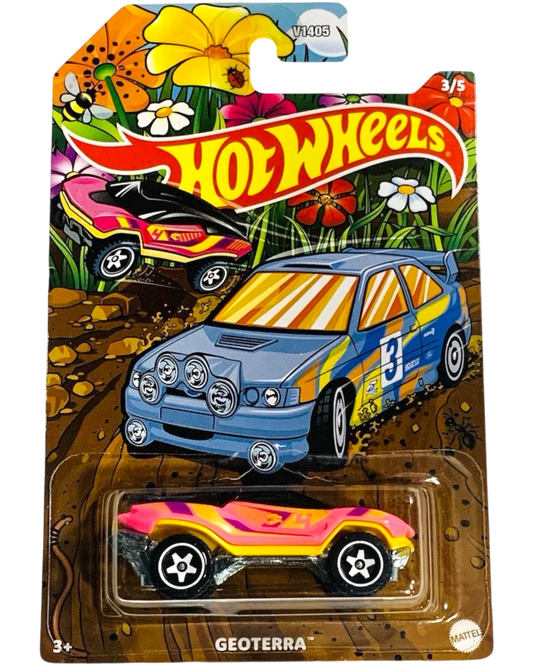 More Than Diecast Hot Wheels 2026 Spring Series Geoterra 3/5 pink and yellow toy car with black accents.
