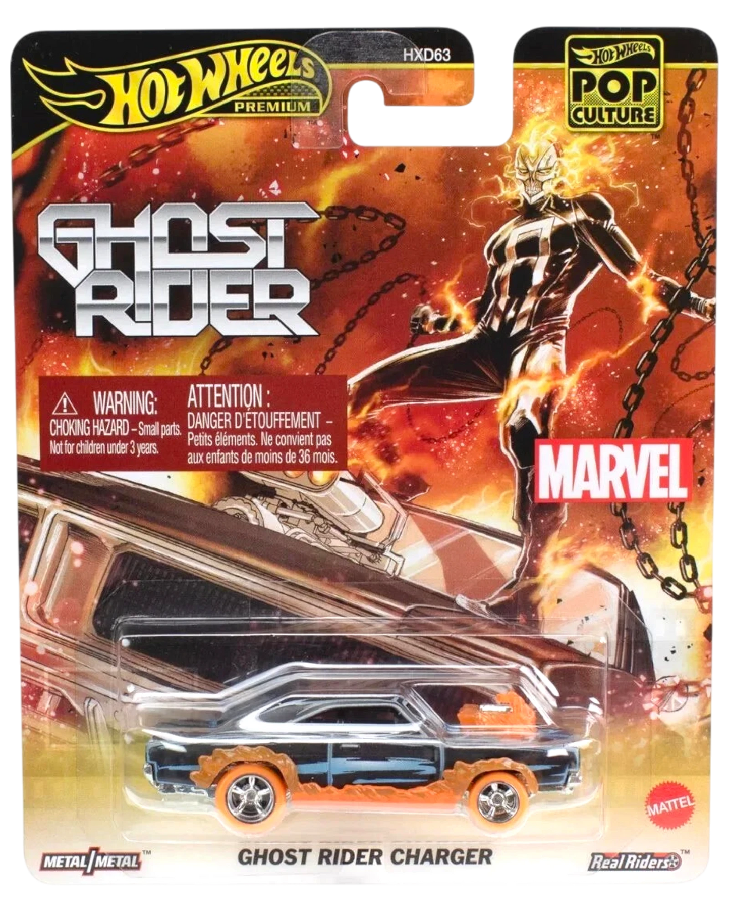 More Than Diecast Hot Wheels Premium Pop Culture Marvel Ghost Rider Charger 1:64 diecast car with orange flame details.