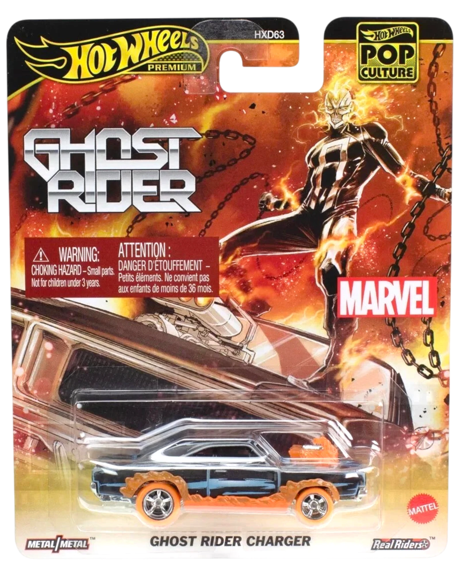 More Than Diecast Hot Wheels Premium Pop Culture Marvel Ghost Rider Charger 1:64 diecast car with orange flame details.