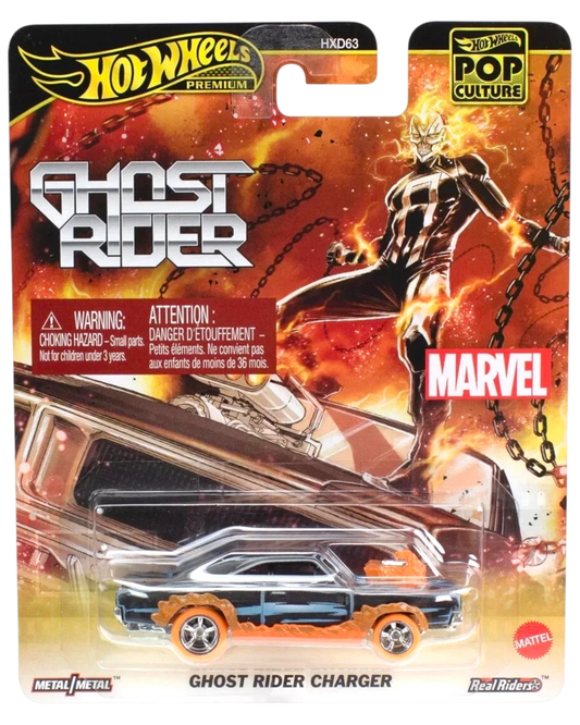 More Than Diecast Hot Wheels Premium Pop Culture Marvel Ghost Rider Charger 1:64 diecast car with orange flame details.