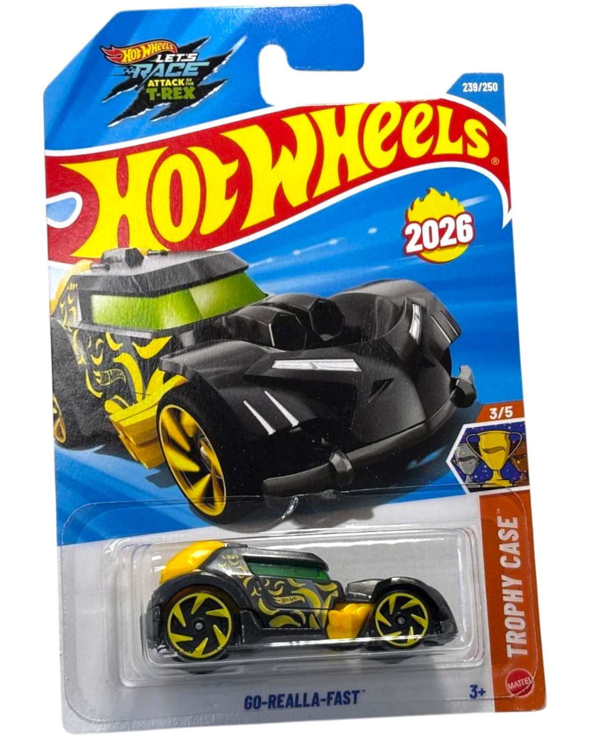 More Than Diecast Hot Wheels 2026 Go Realla Fast die-cast car in black and yellow on international card packaging