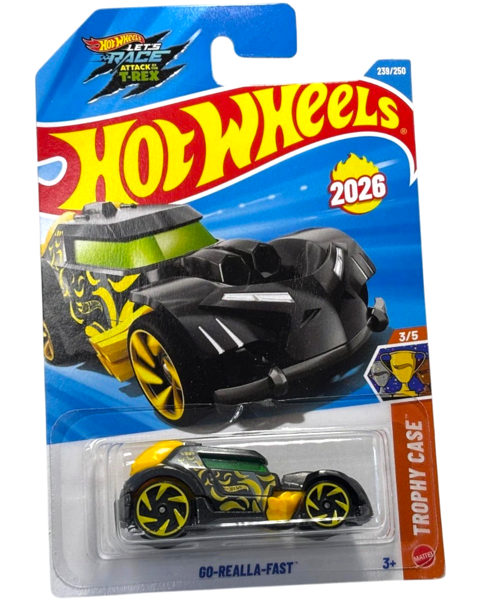 More Than Diecast Hot Wheels 2026 Go Realla Fast die-cast car in black and yellow on international card packaging