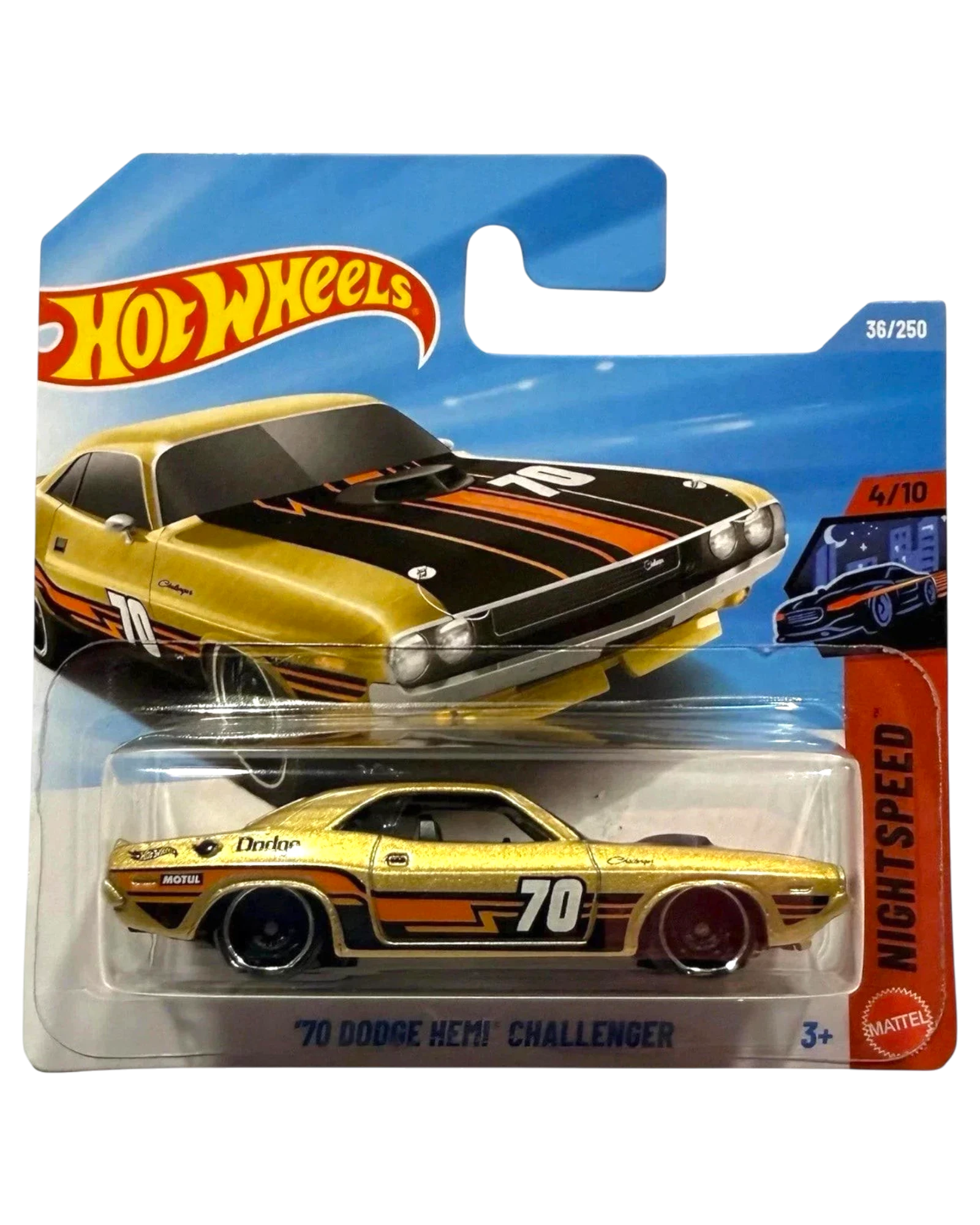 More Than Diecast 2026 gold Dodge Hemi Challenger Hot Wheels 1:64 scale die-cast car with black and orange racing stripes and number 70.
