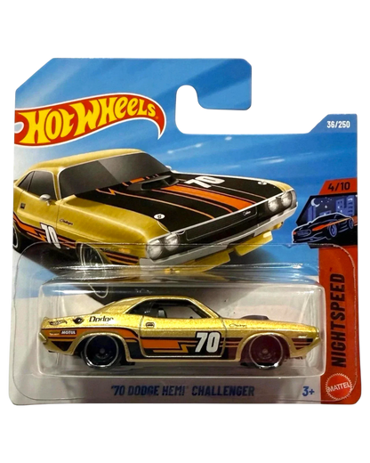 More Than Diecast 2026 gold Dodge Hemi Challenger Hot Wheels 1:64 scale die-cast car with black and orange racing stripes and number 70.