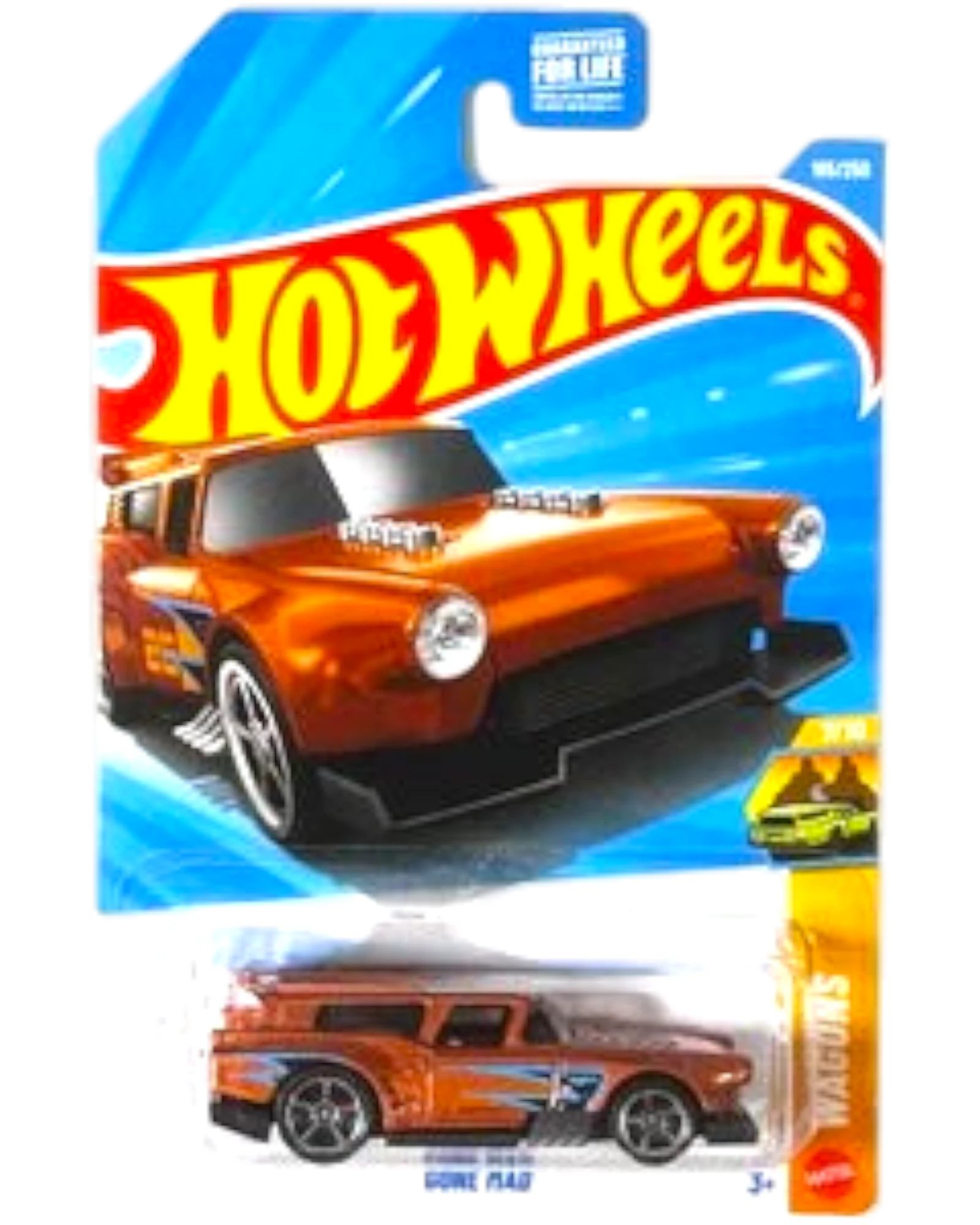 More Than Diecast HOT WHEELS 2026 Case H Wagons 7/10 Gone Mad orange die-cast car with blue accents and custom wheels.