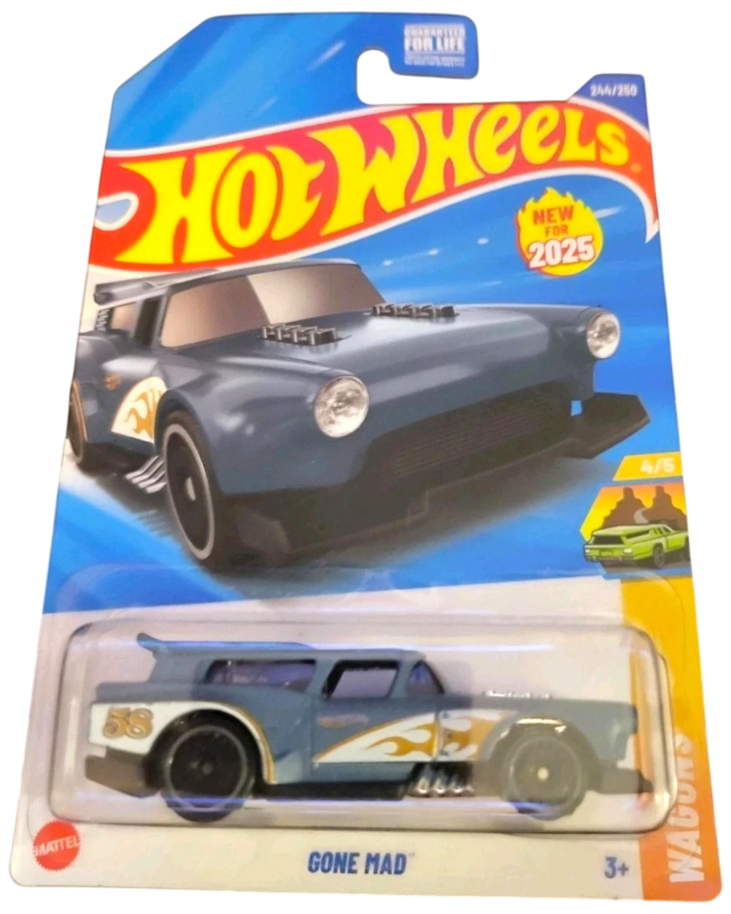 More Than Diecast 2025 Hot Wheels Gone Mad wagon toy car, blue with white and orange flame details and number 58.