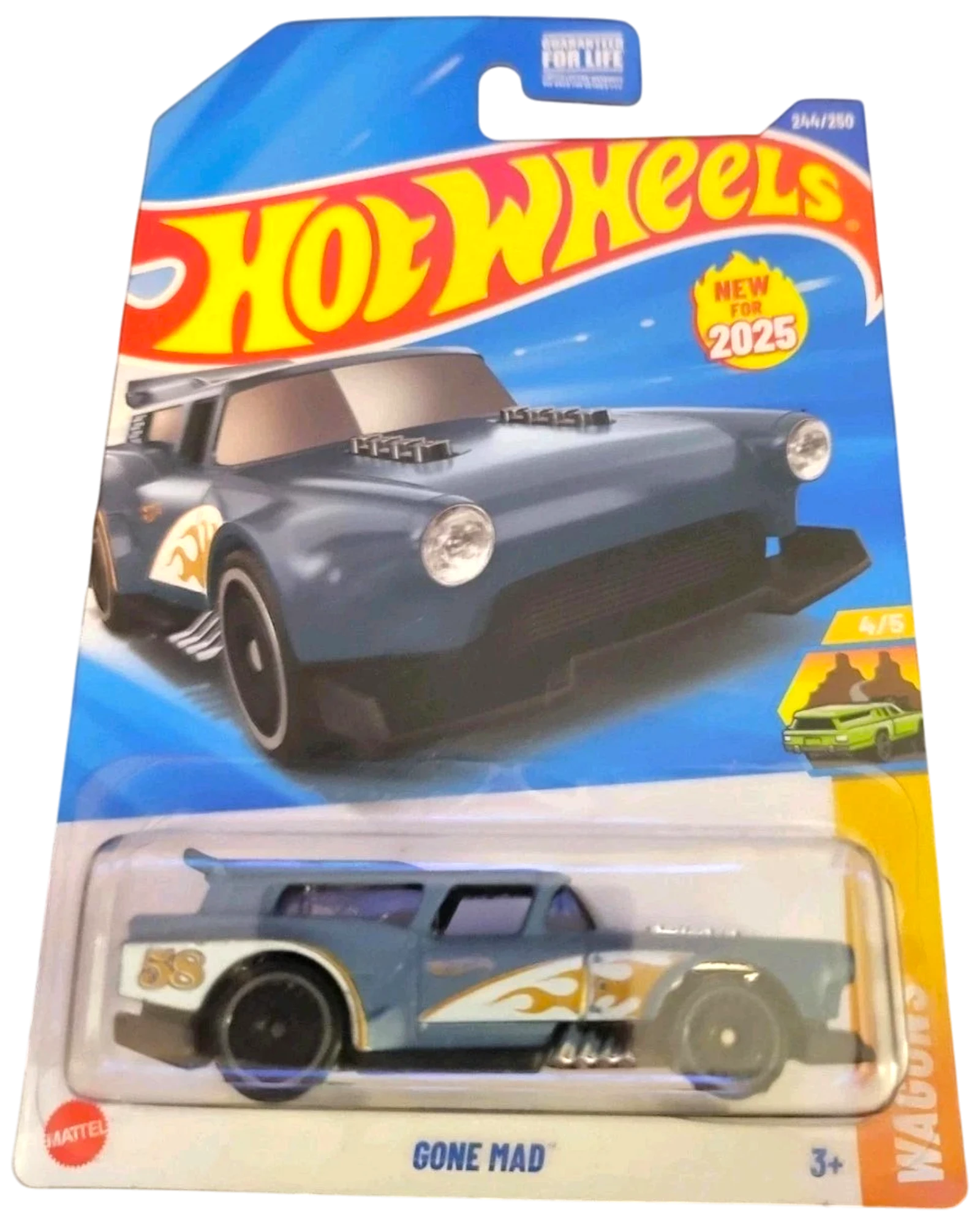 More Than Diecast 2025 Hot Wheels Gone Mad wagon toy car, blue with white and orange flame details and number 58.