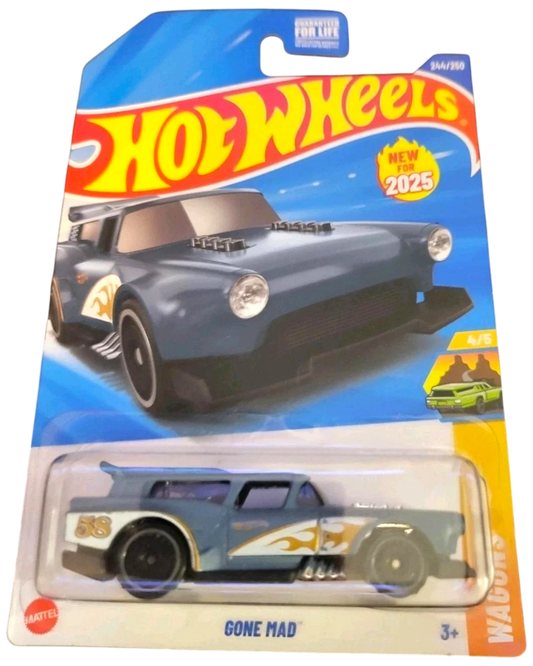 More Than Diecast 2025 Hot Wheels Gone Mad wagon toy car, blue with white and orange flame details and number 58.