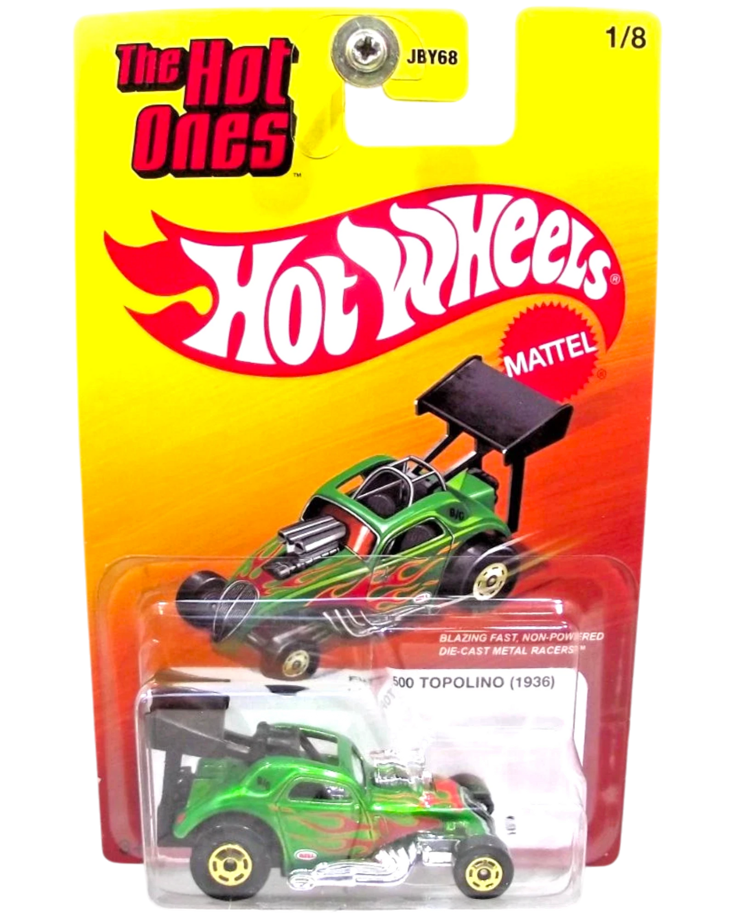 More Than Diecast The Hot Ones #1 green 1936 Fiat 500 Topolino die-cast metal racer with flame graphics.