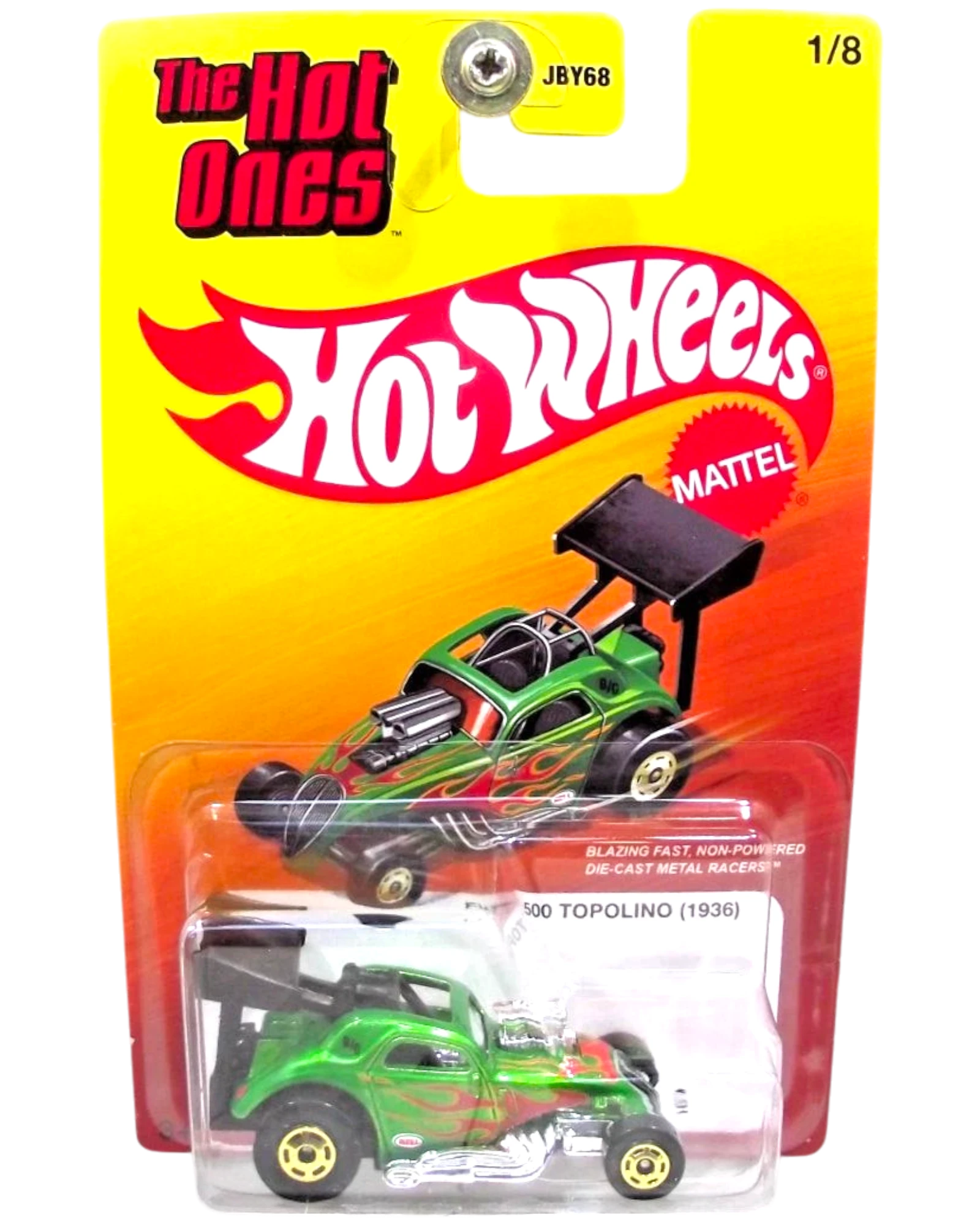 More Than Diecast The Hot Ones #1 green 1936 Fiat 500 Topolino die-cast metal racer with flame graphics.