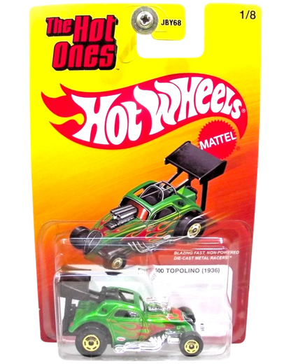 More Than Diecast The Hot Ones #1 green 1936 Fiat 500 Topolino die-cast metal racer with flame graphics.