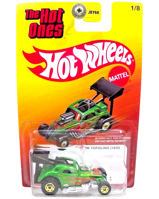 More Than Diecast The Hot Ones #1 green 1936 Fiat 500 Topolino die-cast metal racer with flame graphics.