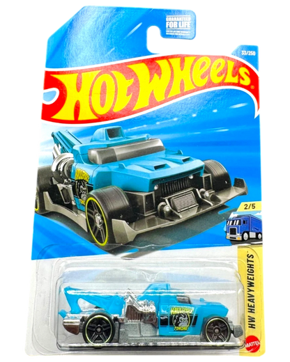 More Than Diecast Hot Wheels Haulerback towing truck, blue die-cast metal toy car with silver accents and yellow rim details.