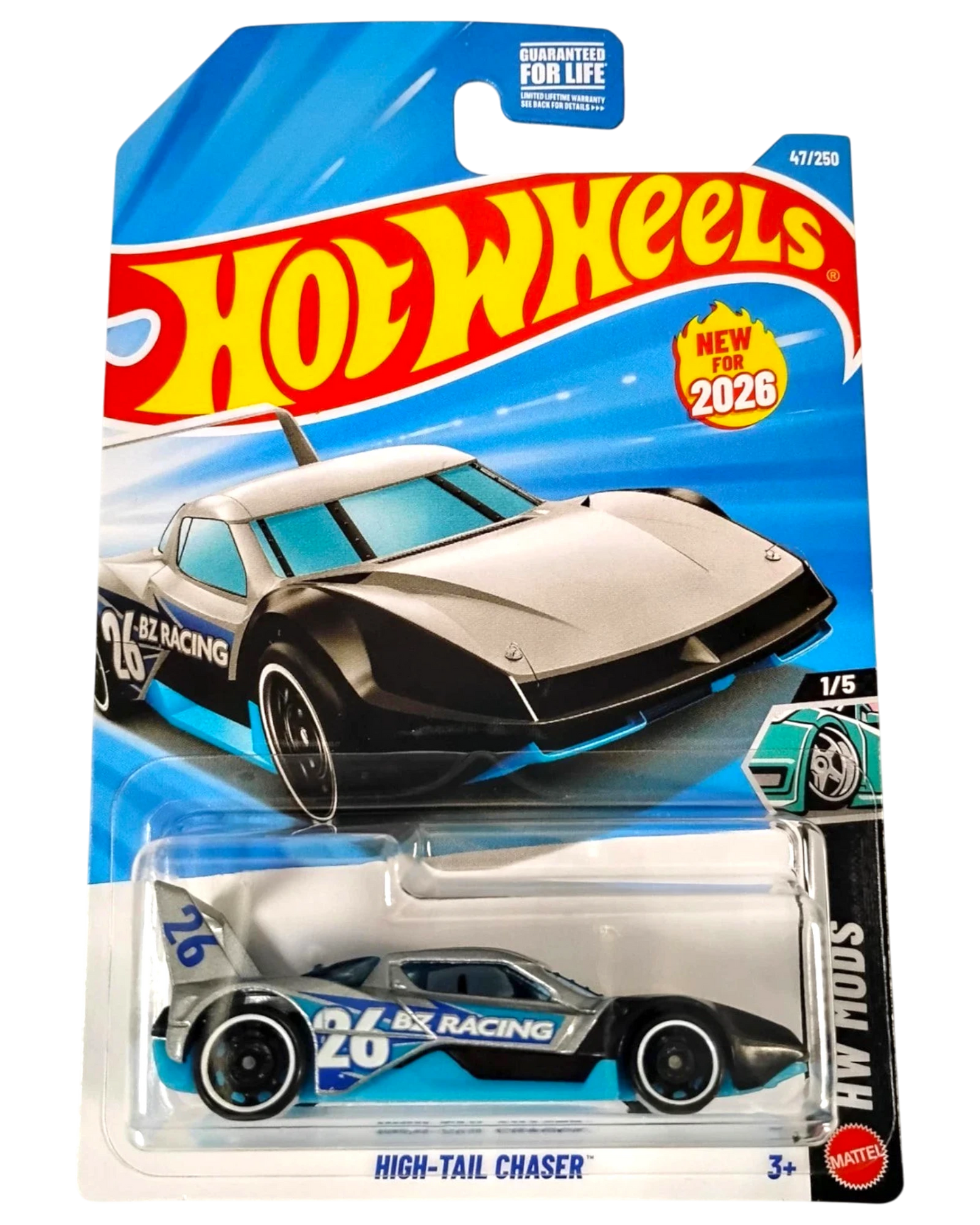 More Than Diecast 2026 Hot Wheels High-Tail Chaser toy car, gray with blue racing accents and white rims.
