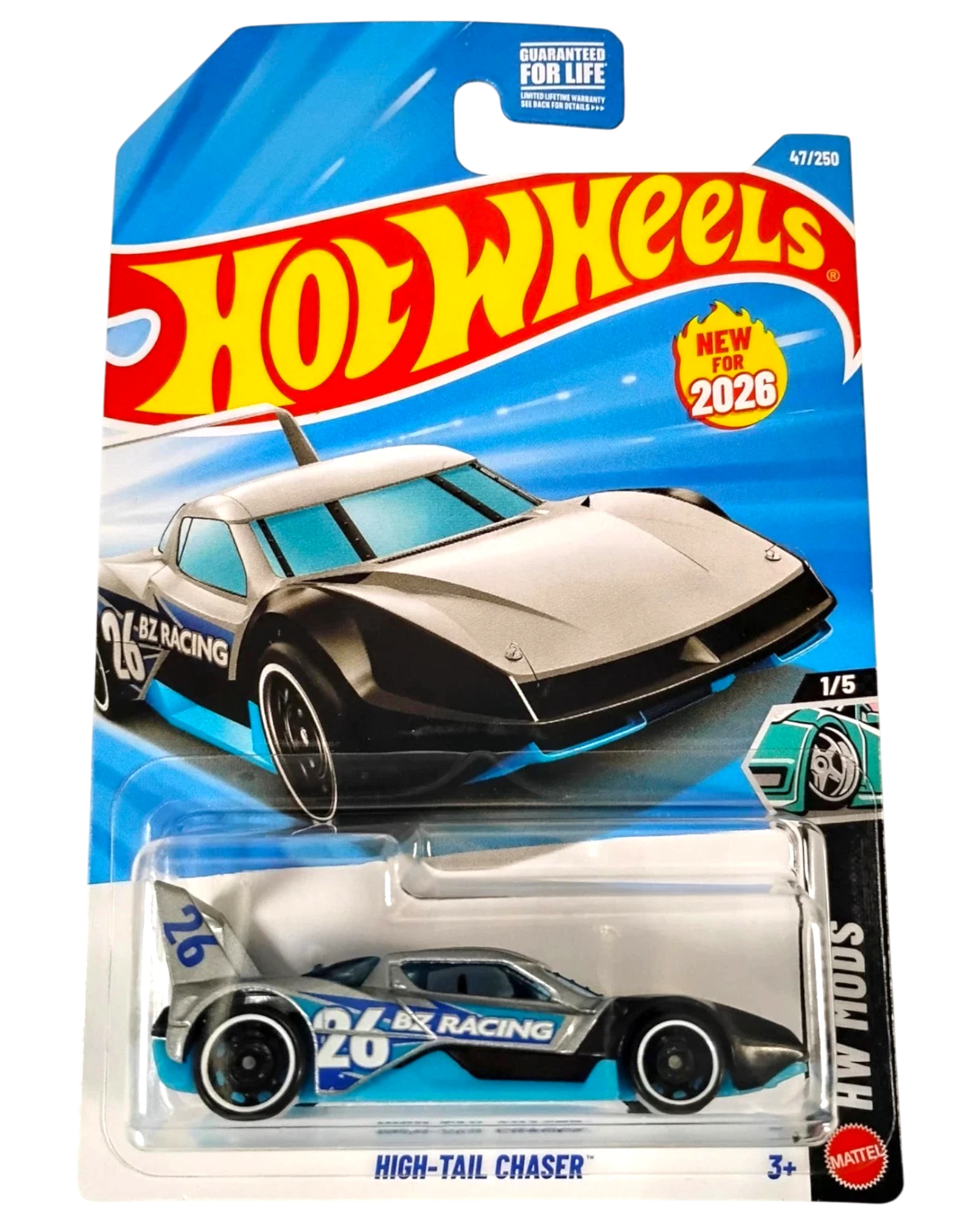 More Than Diecast 2026 Hot Wheels High-Tail Chaser toy car, gray with blue racing accents and white rims.