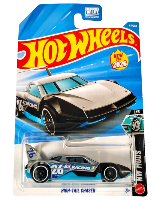 More Than Diecast 2026 Hot Wheels High-Tail Chaser toy car, gray with blue racing accents and white rims.