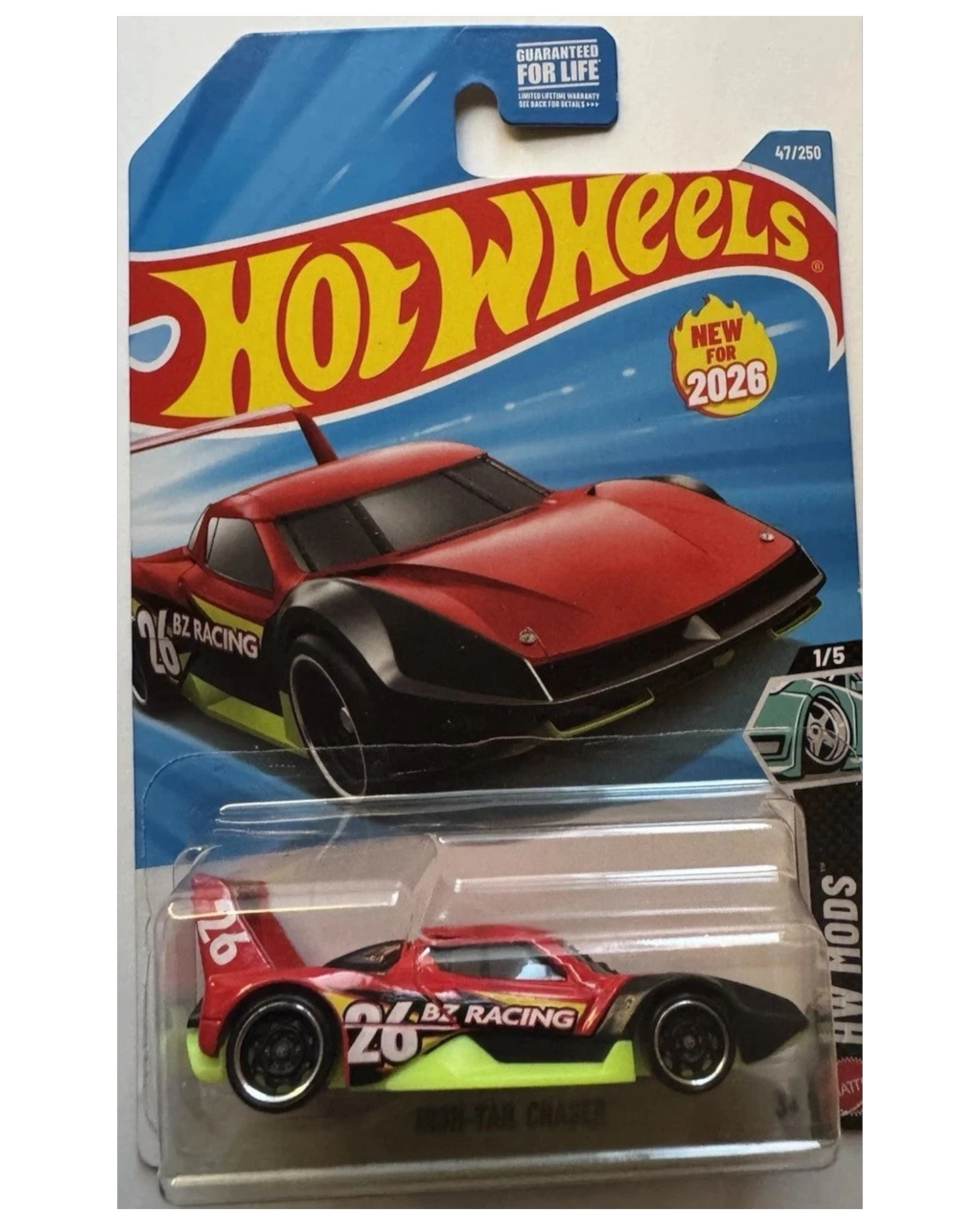More Than Diecast 2026 Hot Wheels HW MODS High-Tail Chaser toy car, red with black accents and yellow trim.