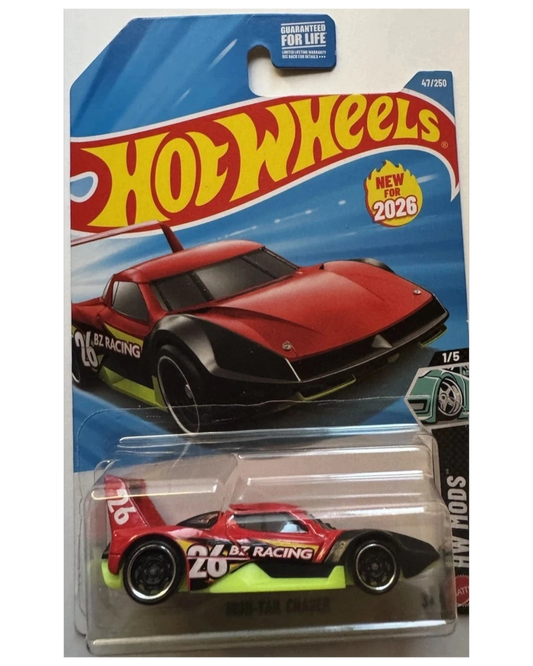 More Than Diecast 2026 Hot Wheels HW MODS High-Tail Chaser toy car, red with black accents and yellow trim.