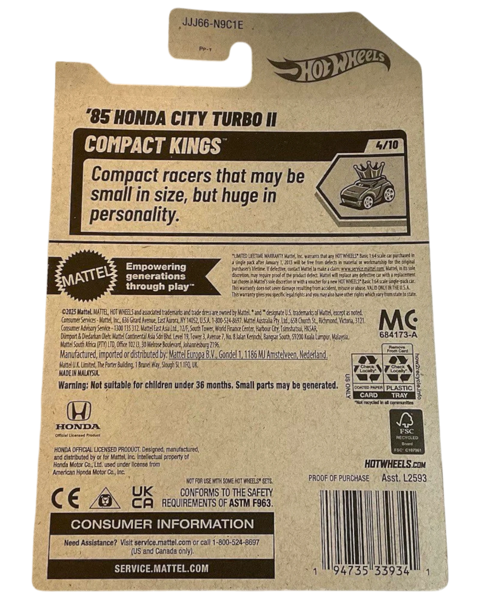 More Than Diecast 2026 Hot Wheels ‘85 Honda City Turbo II Compact Kings #4/10 diecast car packaging.
