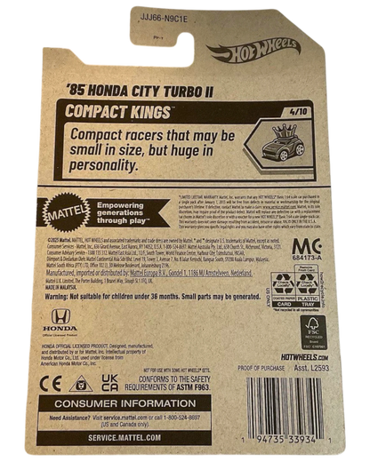 More Than Diecast 2026 Hot Wheels ‘85 Honda City Turbo II Compact Kings #4/10 diecast car packaging.