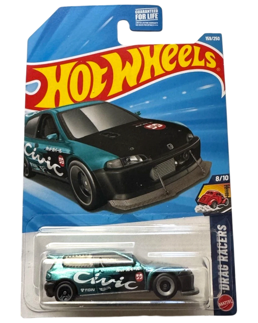 More Than Diecast 2026 Hot Wheels Drag Racers 8/10 Honda Civic Custom in teal and black with "Civic" text and racing decals.