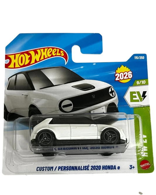 More Than Diecast Hot Wheels 2020 Honda e white die-cast car in short card packaging, 1:64 scale model.