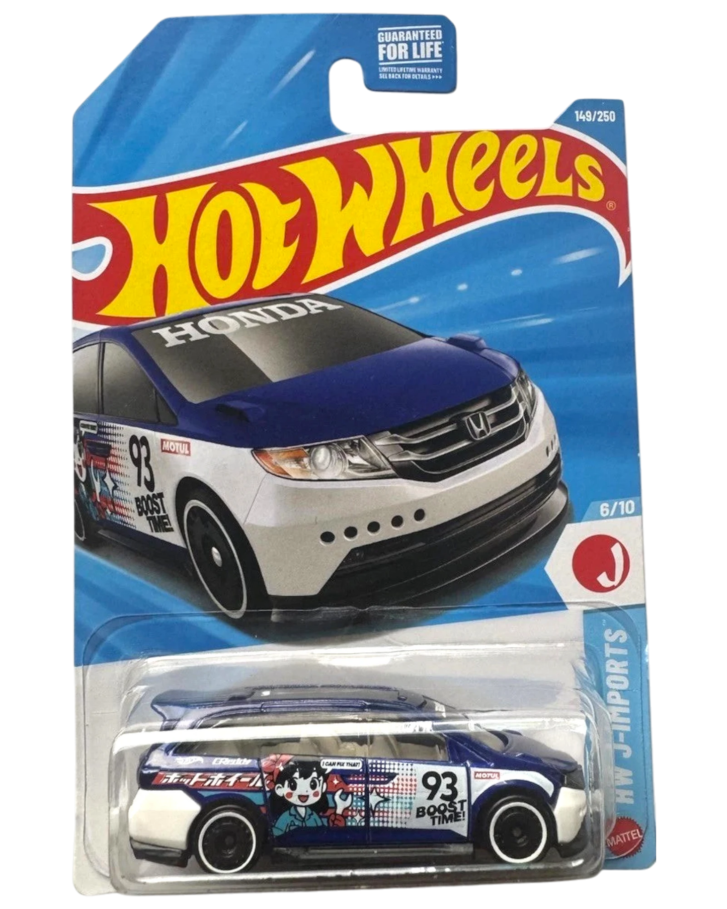 More Than Diecast Hot Wheels 2026 Honda Odyssey HW J-Imports toy car, blue and white with cartoon graphics and racing decals.