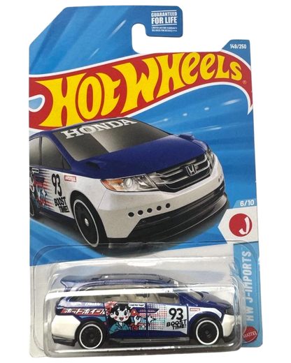 More Than Diecast Hot Wheels 2026 Honda Odyssey HW J-Imports toy car, blue and white with cartoon graphics and racing decals.