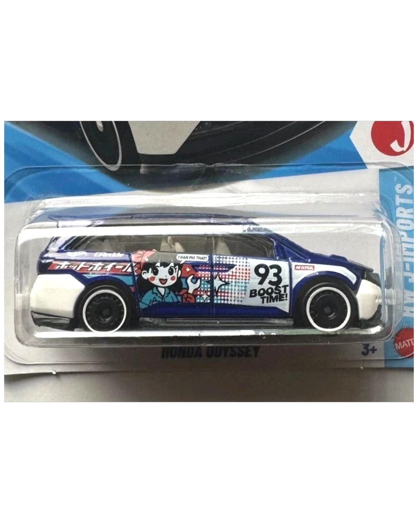 More Than Diecast 2026 Hot Wheels HW J-Imports Honda Odyssey toy car, blue with white accents and cartoon graphics.