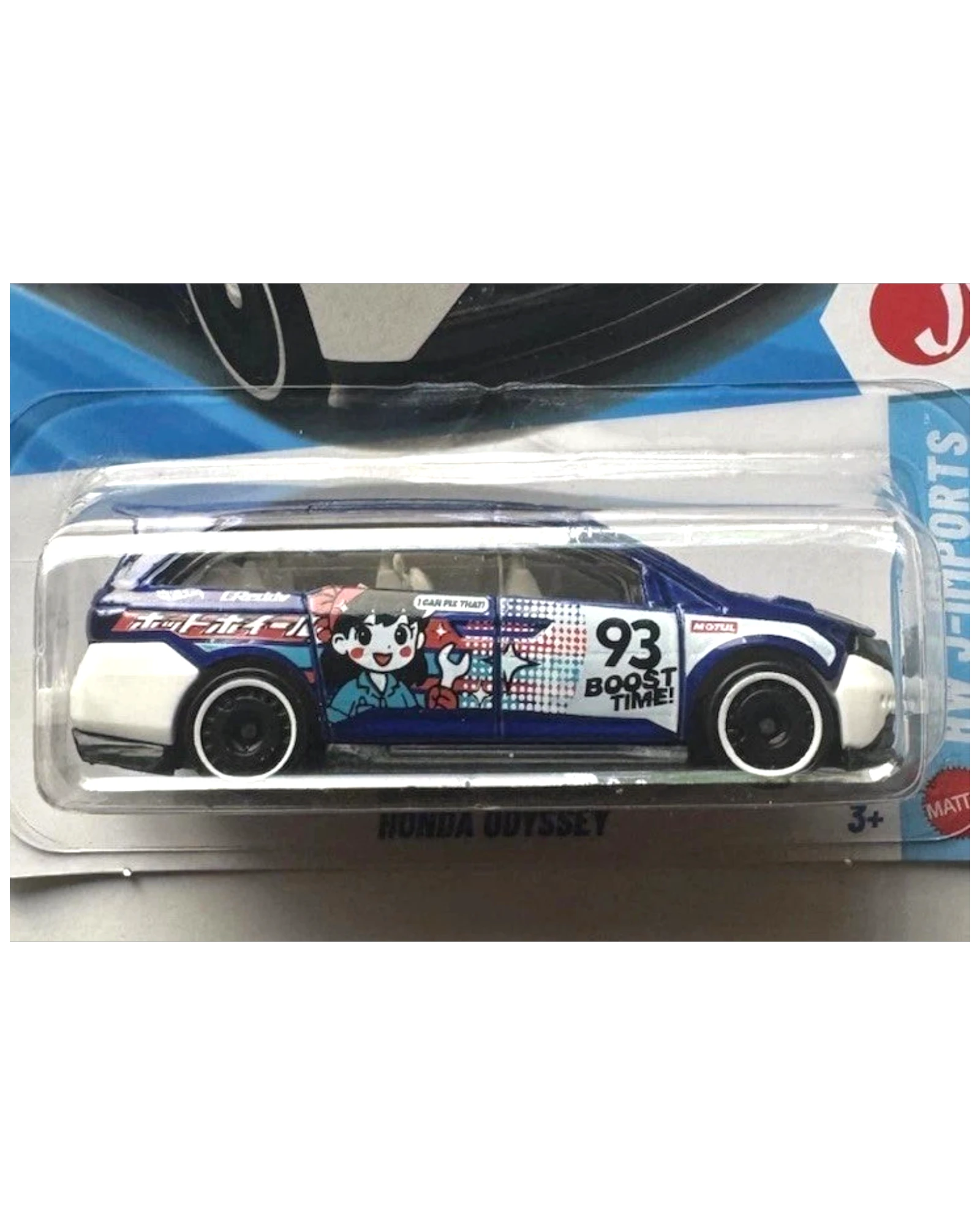 More Than Diecast 2026 Hot Wheels HW J-Imports Honda Odyssey toy car, blue with white accents and cartoon graphics.