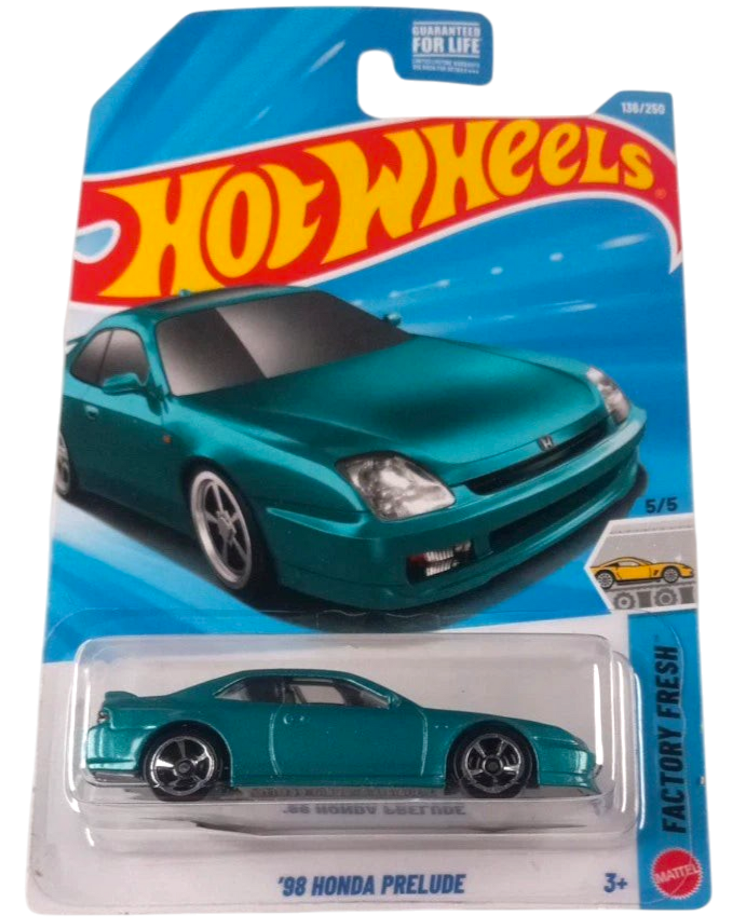 More Than Diecast Hot Wheels 98 Honda Prelude in metallic green, 1:64 scale die-cast car in original blister packaging.
