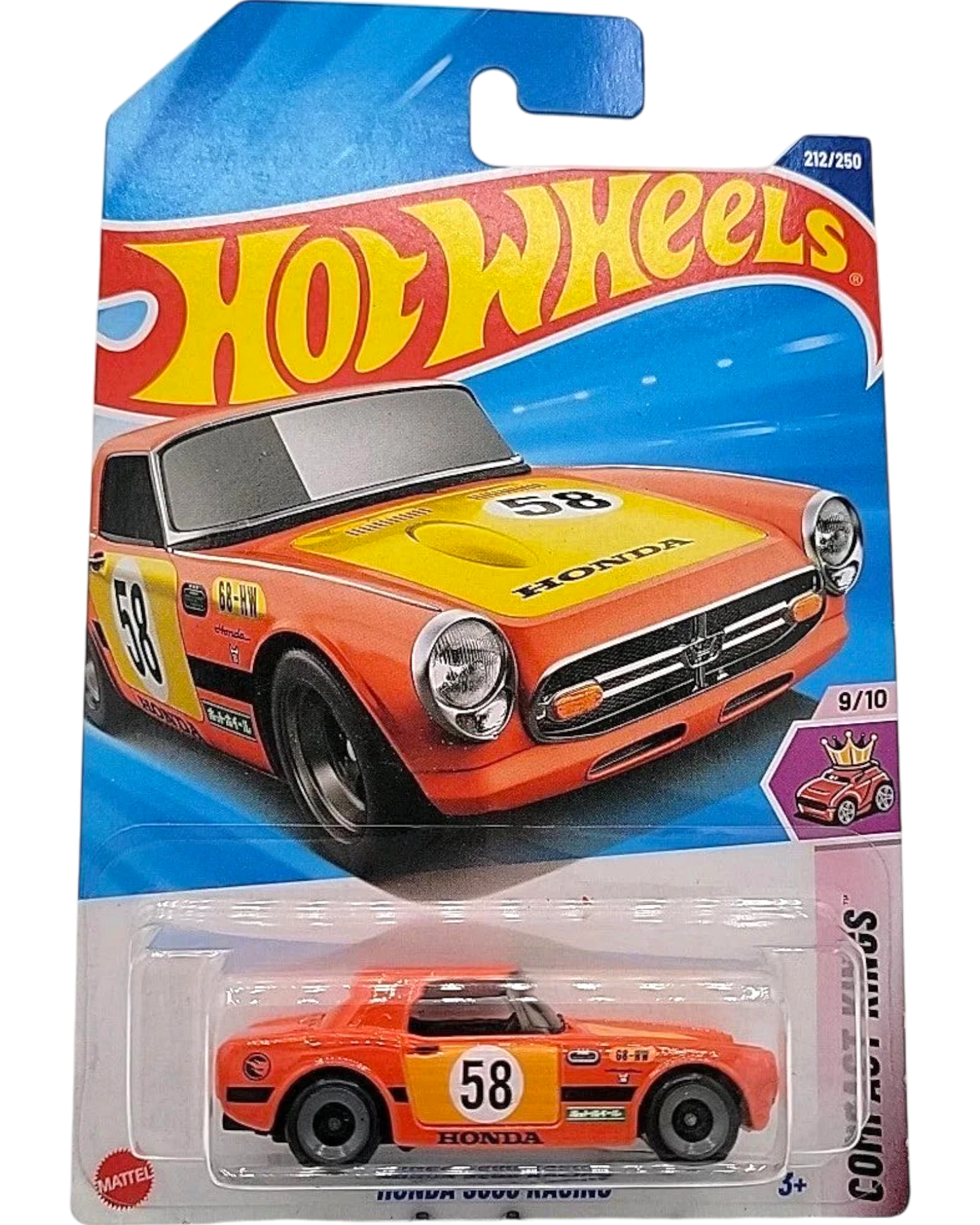 More Than Diecast 2025 Hot Wheels Honda S800 Racing #212 Treasure Hunt orange diecast car with yellow hood and black racing stripes.