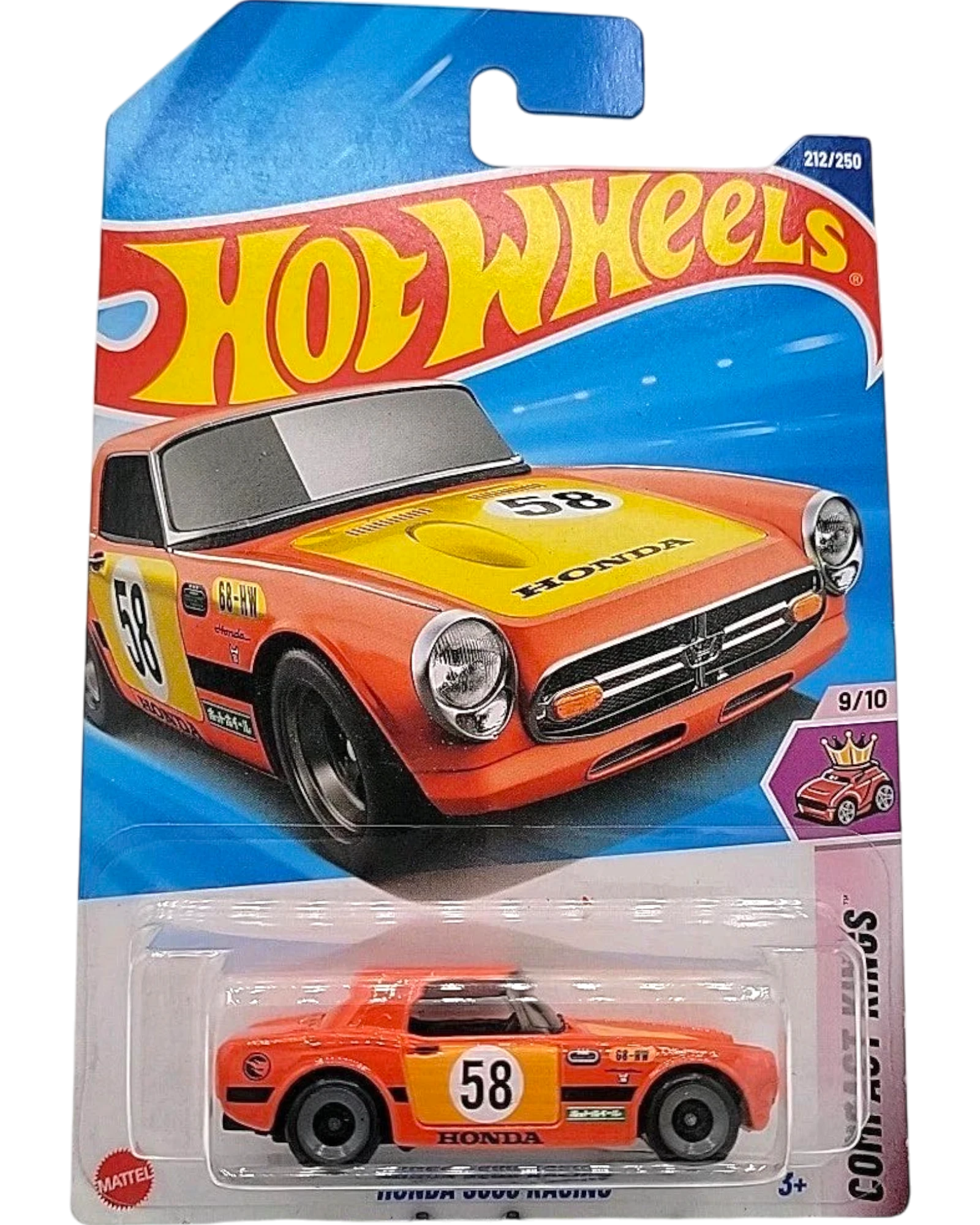 More Than Diecast 2025 Hot Wheels Honda S800 Racing #212 Treasure Hunt orange diecast car with yellow hood and black racing stripes.