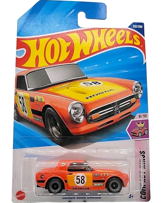 More Than Diecast 2025 Hot Wheels Honda S800 Racing #212 Treasure Hunt orange diecast car with yellow hood and black racing stripes.